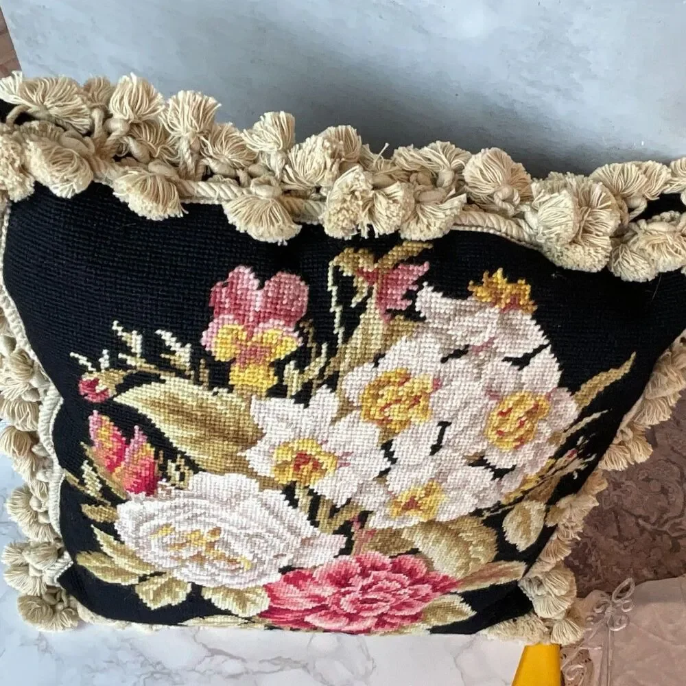 Needlepoint pillow French Chic Paris Apartment Floral black background must see